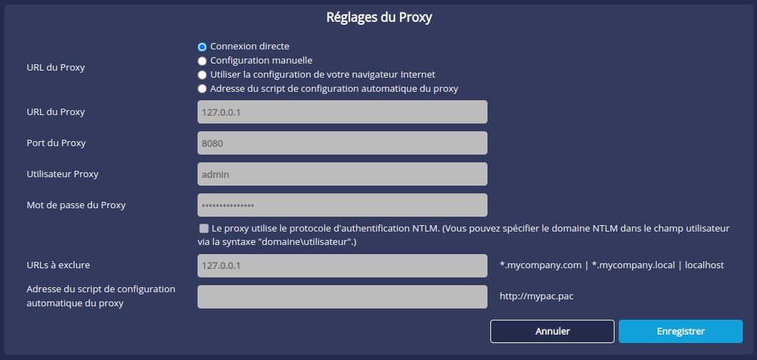 Réglages proxy