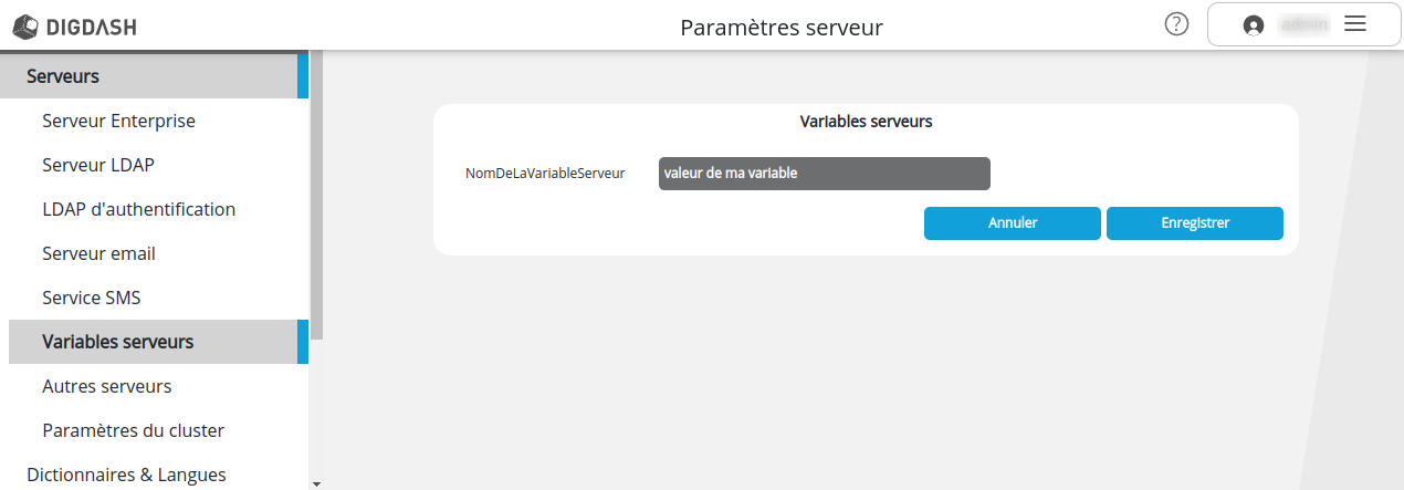 Onglet variable serveur