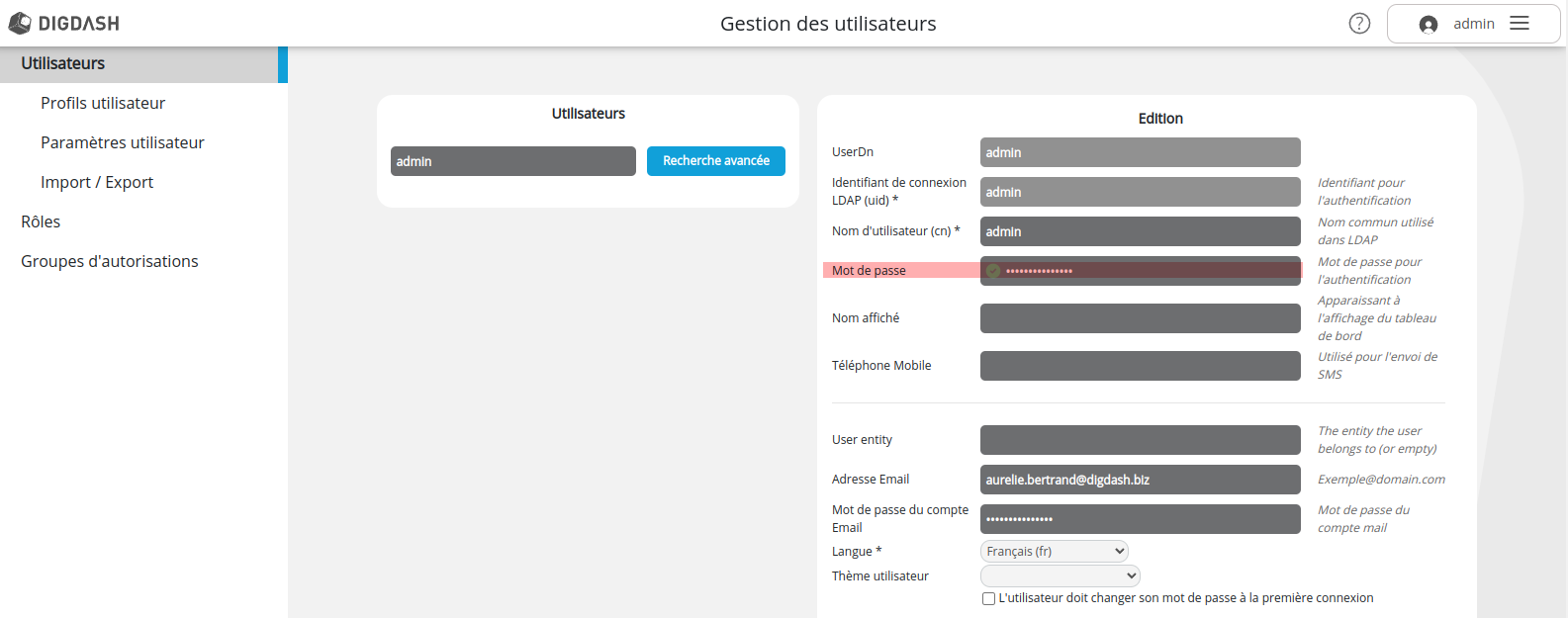 Mot de passe admin