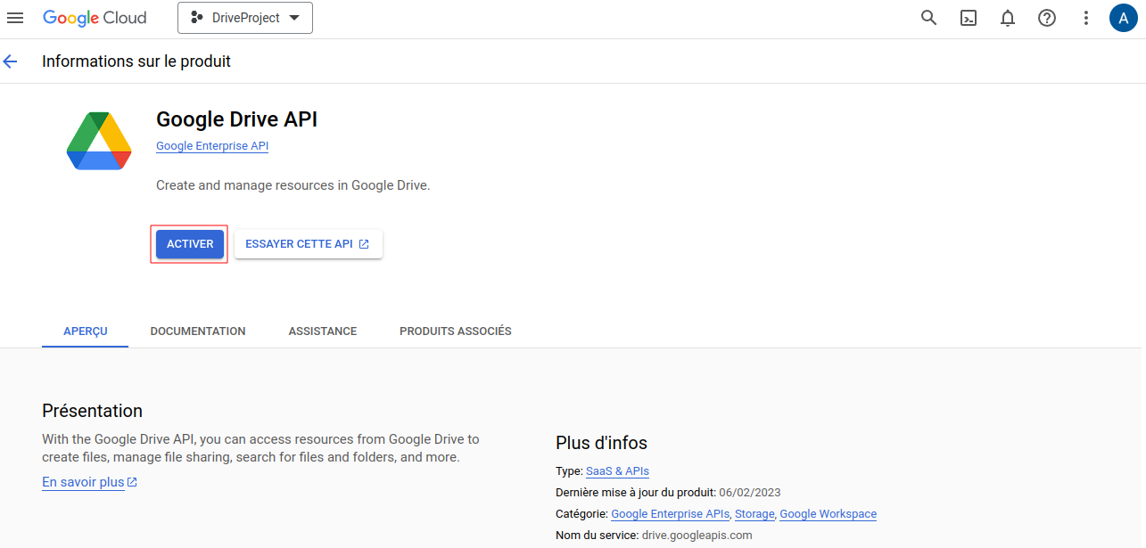 Bouton Activer API